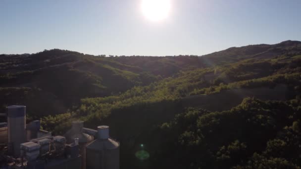 Aerial View Cement Production Plant Warehouses Blue Cloudy Sky Background — Stock Video