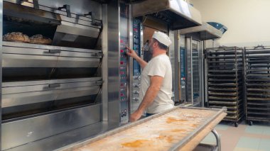 Bir grup panettone keki fırının profesyonel fırınında pişiriliyor.