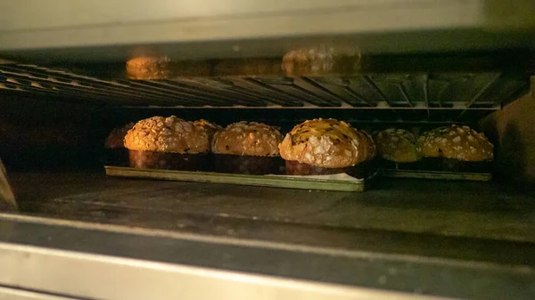 group of panettone cakes baking in the pro oven at the baker