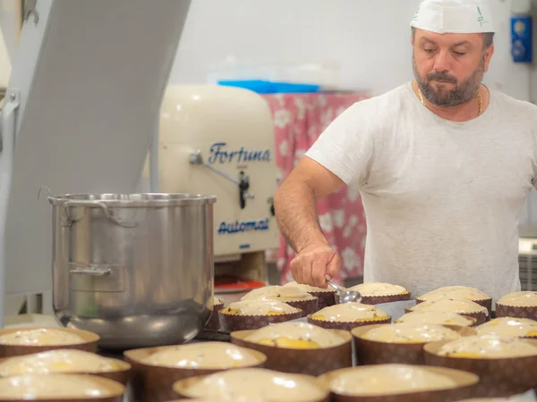 Esnaf şef tasarımcı tatlı kremalı panettone pastasını bitiriyor.