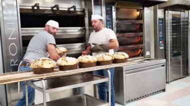 Bir grup panettone keki fırının profesyonel fırınında pişiyor.