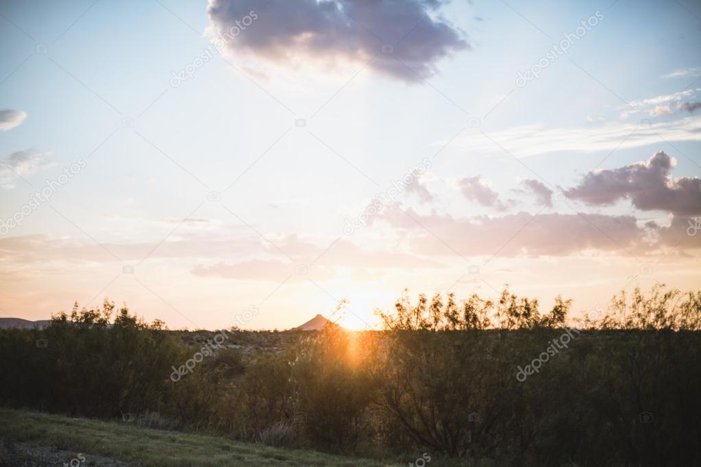 Texas countryside landscape from the road with the sunsetting be