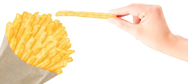 French fries in paper bag with hand — Stock Photo, Image