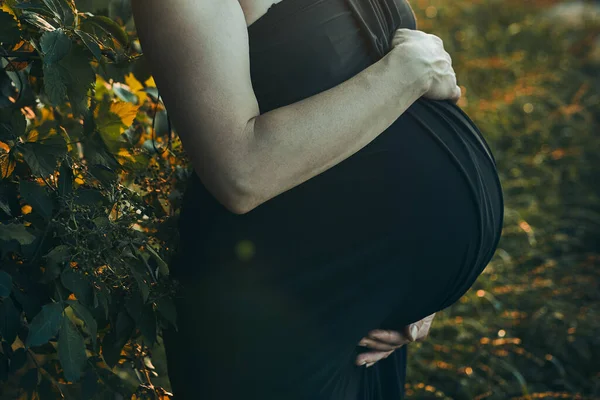 怀孕的女人抱着肚子站在外面 四周环绕着大自然 母性概念 — 图库照片