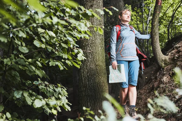 Active Woman Walking Forest Path Actively Spending Summer Vacation Carrying — Stock Photo, Image