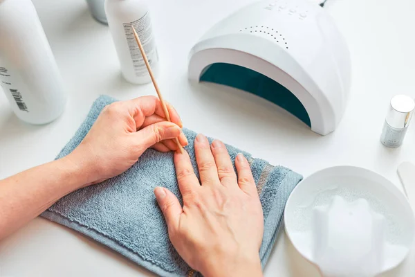 Woman Preparing Nails Apply Gel Hybrid Polish Using Lamp Beauty — Stock Photo, Image