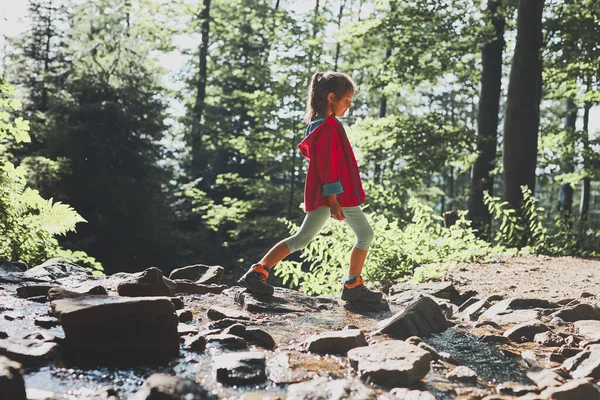 Dítě Přecházející Horský Potok Malá Dívka Procházky Horách Tráví Letní — Stock fotografie