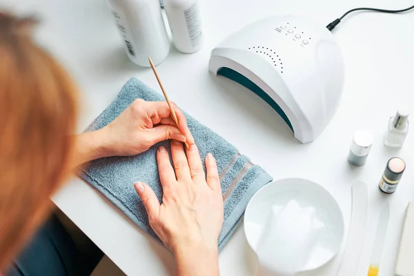 Woman Preparing Nails Apply Gel Hybrid Polish Using Lamp Beauty — Stock Photo, Image