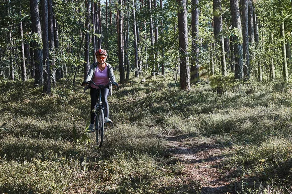 Active Woman Cycling Forest Road Female Riding Bicycle Road Route — Stock Photo, Image