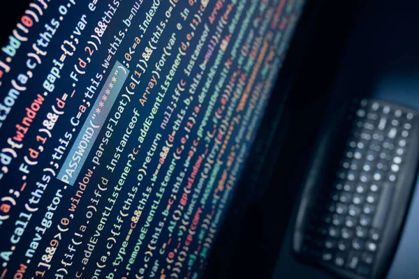Bedrohung Der Cyber Sicherheit Computerbildschirm Mit Programmiercode Internet Und Netzwerksicherheit — Stockfoto