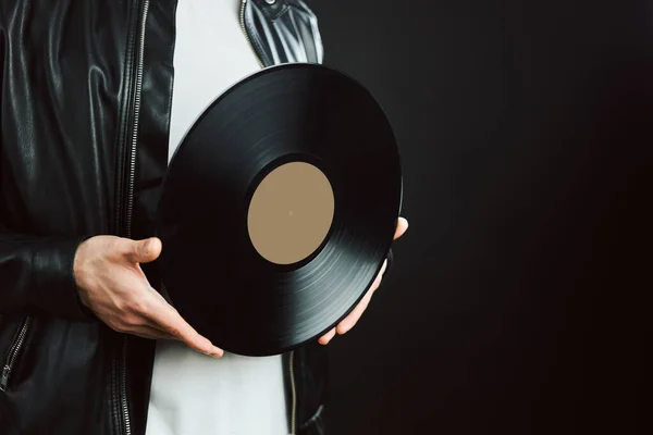 Man Med Vinylskiva Vintage Musik Stil Rockstil Man Bär Svart — Stockfoto