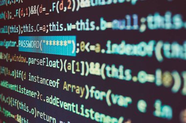 Siber uzayda güvenlik ve tehdit. Kullanıcı parolası. Veri güvenliği ve koruma. Programlama kodu. Soyut bilgisayar betiği. Yazılım geliştirici programlama kodu. Ekranda dijital veri var. Dijital arka plan. Veriler veritabanında. Bilgisayar teknolojisi