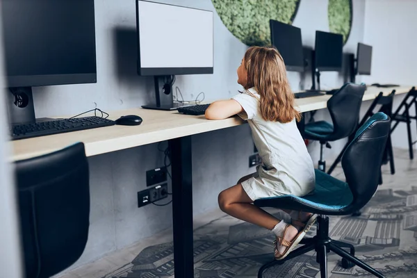 Engaged Schoolgirl Learning Use Technology Classroom Primary School Child Using — Stok fotoğraf