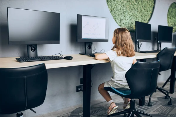 Engaged Schoolgirl Learning Use Technology Classroom Primary School Child Using — Stock Photo, Image