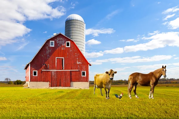 Американская сельская красная ферма с голубым небом — стоковое фото
