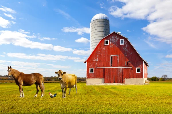 Campagna americana fattoria rossa con cielo blu — Foto Stock