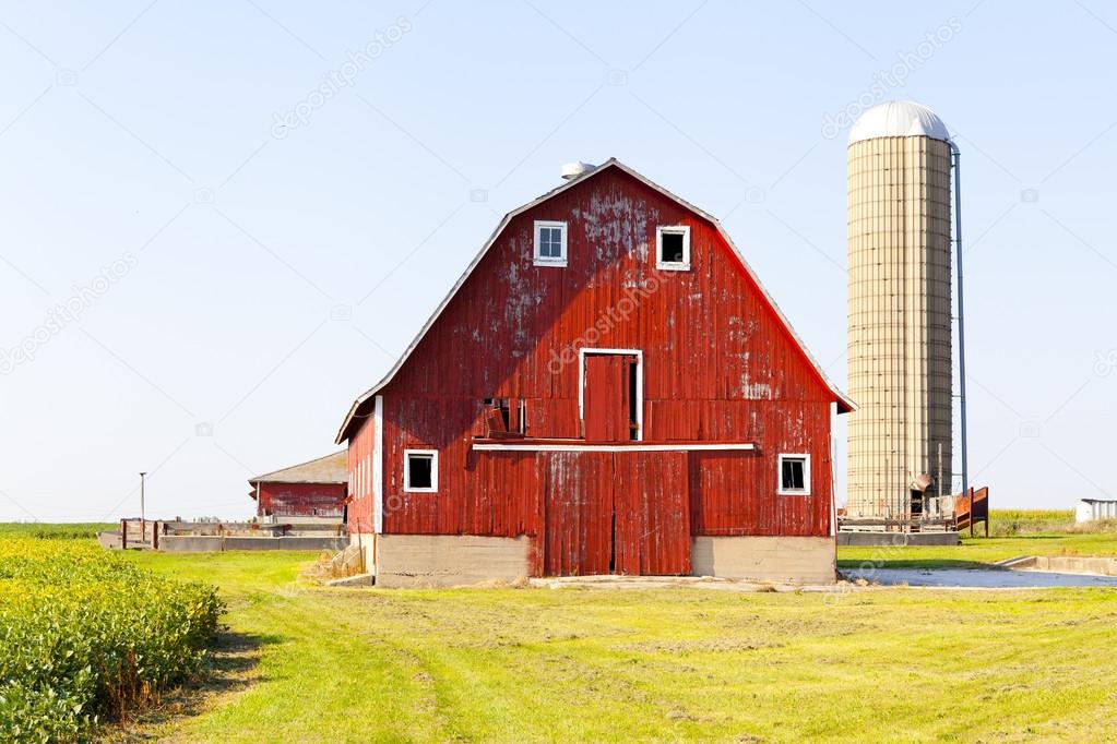 Traditional American Red Barn With Blue Sky