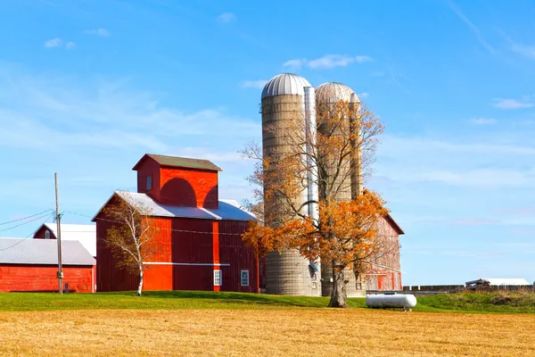 Mavi gökyüzü ile geleneksel Amerikan kırmızı ambar