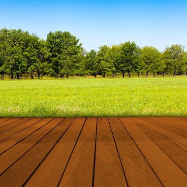 Eski masa yüzeyi ile bulanık kırsal manzara