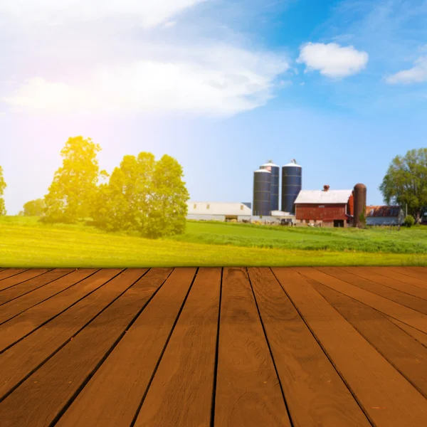 Old Table Surface With Blurred Countryside Landscape — Stock Photo, Image