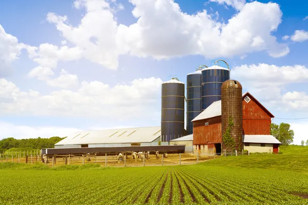 Ferme laitière rouge avec ciel ensoleillé — Photo