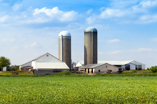 Американская ферма с голубым облачным небом — стоковое фото