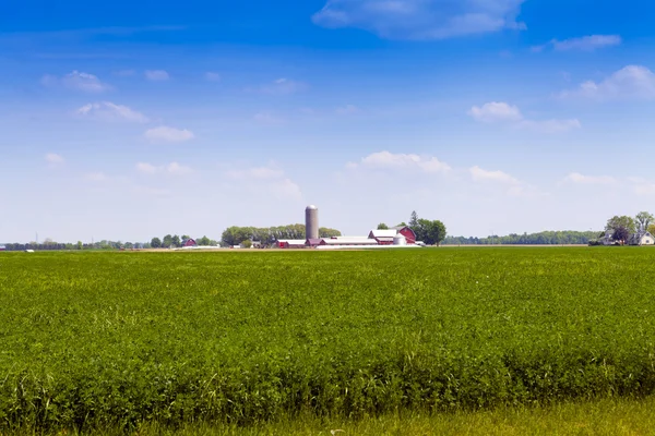 Американская ферма с голубым облачным небом — стоковое фото
