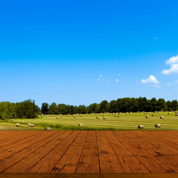 Superficie de la tabla vieja con paisaje borroso del campo —  Fotos de Stock