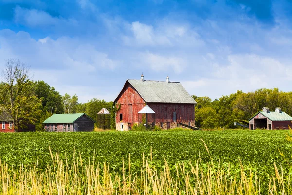Tierras agrícolas americanas con cielo nublado azul — Foto de Stock