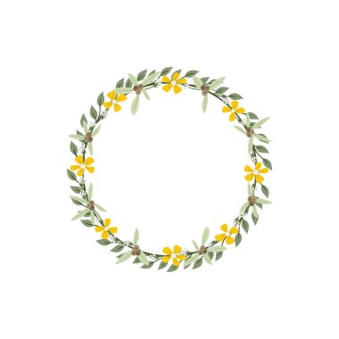 Bebek Nefesi, Berry ve Nerium Olander çiçek çelengi. Yeşil dekoratif sarmaşık. Bahar çiçekli yuvarlak çerçeveler. Sarmaşık bitkisi düz vektör çizimi