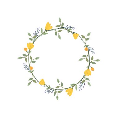 Nergis çiçeği ve çiçek çelengi. Yeşil dekoratif sarmaşık. Bahar çiçekli yuvarlak çerçeveler. Sarmaşık bitkisi düz vektör çizimi