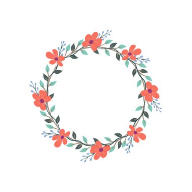 Nasturtium ve lavanta çiçeği çelengi. Yeşil dekoratif sarmaşık. Bahar çiçekli yuvarlak çerçeveler. Sarmaşık bitkisi düz vektör çizimi