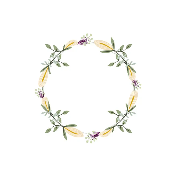 Iris Eukalyptus Und Schneebeerenblütenkranz Grüner Zierefeu Frühling Blumige Runde Rahmen — Stockvektor