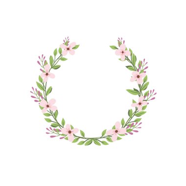 Heather, nasturtium ve ruskus çiçeği çelengi. Yeşil dekoratif sarmaşık. Bahar çiçekli yuvarlak çerçeveler. Sarmaşık bitkisi düz vektör çizimi