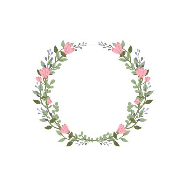 Frezya, limonyum ve okaliptüs çiçeği çelengi. Yeşil dekoratif sarmaşık. Bahar çiçekli yuvarlak çerçeveler. Sarmaşık bitkisi düz vektör çizimi