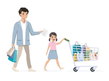 Baba ve kızı alışverişte. Kız market arabası kullanıyor.
