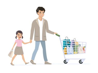 Baba ve kızı alışveriş arabasıyla alışverişe çıktılar.