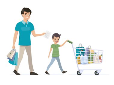 Baba oğul alışverişte. Çocuk market arabası kullanıyor.