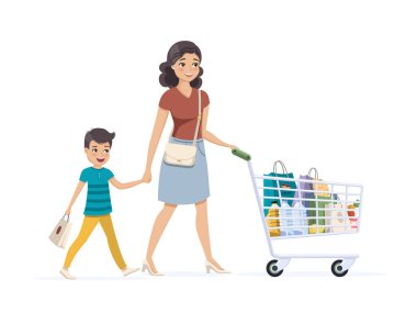 Mother and son on shopping with a full grocery cart