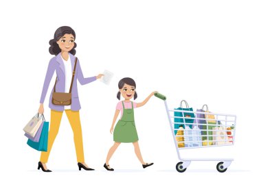 Anne ve kızı alışverişe çıkmış. Kız market arabası kullanıyor.