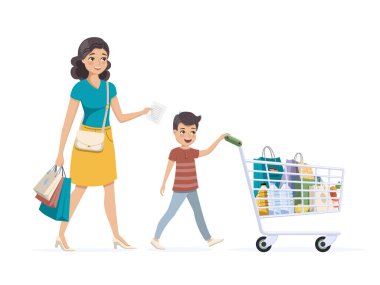 Anne ve oğul alışverişte. Çocuk market arabası kullanıyor.
