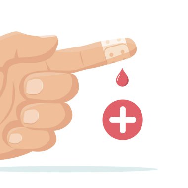 Yapışkan bandajlı parmak ve kan damlası. İlk yardım kavramı
