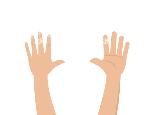 傷の指と接着剤の包帯を持つ2つの手 — ストックベクタ