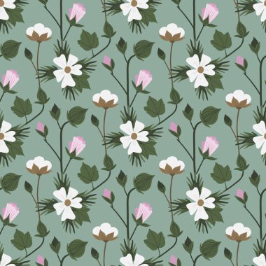 Yeşil arkaplanda pamuk ve çiçek deseni var.