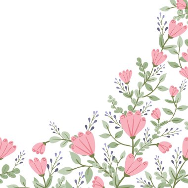 Pembe çiçekli, yapraklı ve dallı dekoratif çiçek çerçevesi