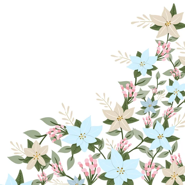 Декоративная Цветочная Рамка Голубыми Розовыми Цветами Листьями Ветвями — стоковый вектор