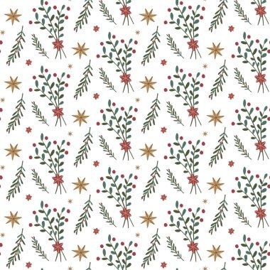 Beyaz arka planda yıldızlı ve yapraklı kusursuz bir Noel deseni