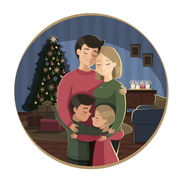 Glückliche Familie Hause Die Sich Heiligabend Baum Und Den Geschenken — Stockvektor
