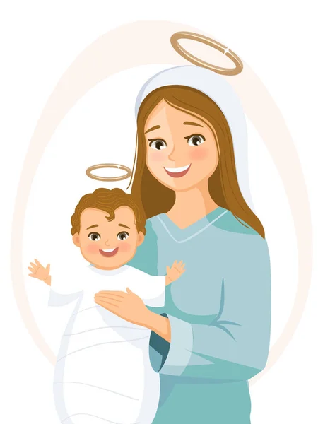 Mothers Day Virgin Mary Baby Jesus Smiling Christmas Scene Stock Illustration