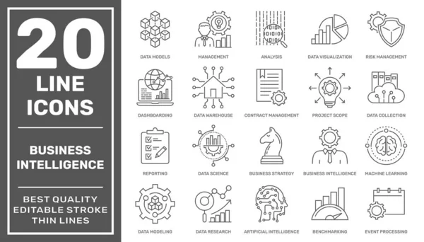 Set of business intelligence icons such as machine learning, data modeling, visualization, risk management and more different. High quality. Editable stroke. EPS10 — Stock Vector